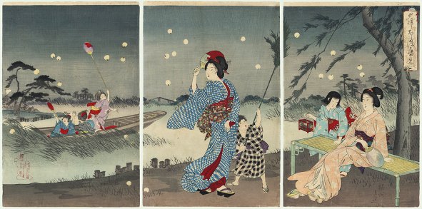 catching fireflies woodblock